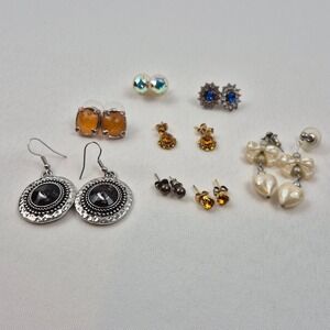 Vtg Earring Lot 7 pairs Boho Dangle Stud Faux Pearl‎ Rhinestone Crystal Classic